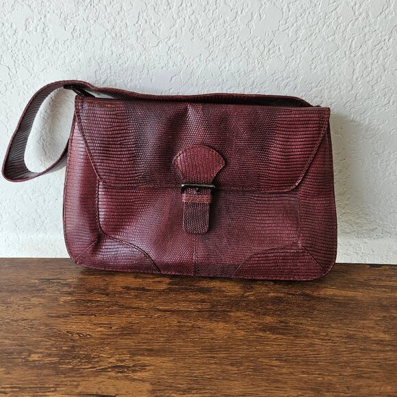 FURLA Vintage 90s Y2K Women's Bag Purse Baguette Faux Lizard Leather Burgundy - Picture 2 of 7